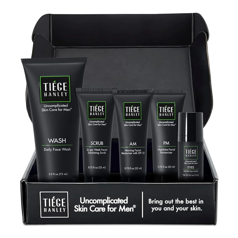 Tiege Hanley Mens Skin Care Set, Advanced Skin Care Routine for Men (System Level 2) - Face Wash Kit for Fines Lines - Men's Skincare Set Includes Face Wash, Facial Scrub, Moisturizer, & Eye Cream 5 Piece Set